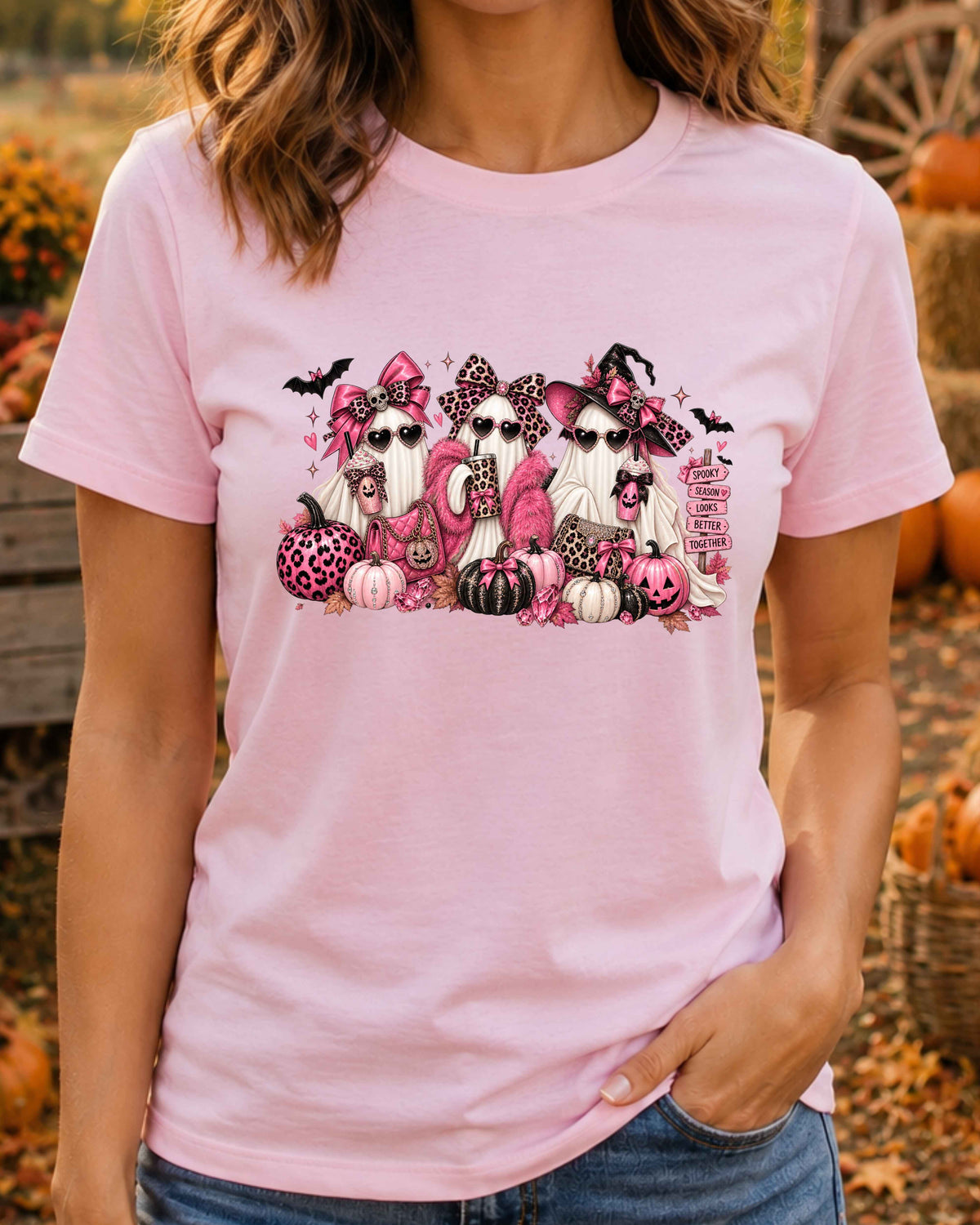 Pink Ghost Halloween T-Shirt, Girly Spooky Season Shirt, Leopard Print Ghosts, Coquette Halloween T-Shirt