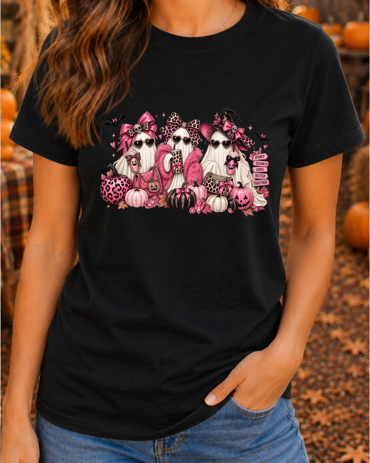 Pink Ghost Halloween T-Shirt, Girly Spooky Season Shirt, Leopard Print Ghosts, Coquette Halloween T-Shirt