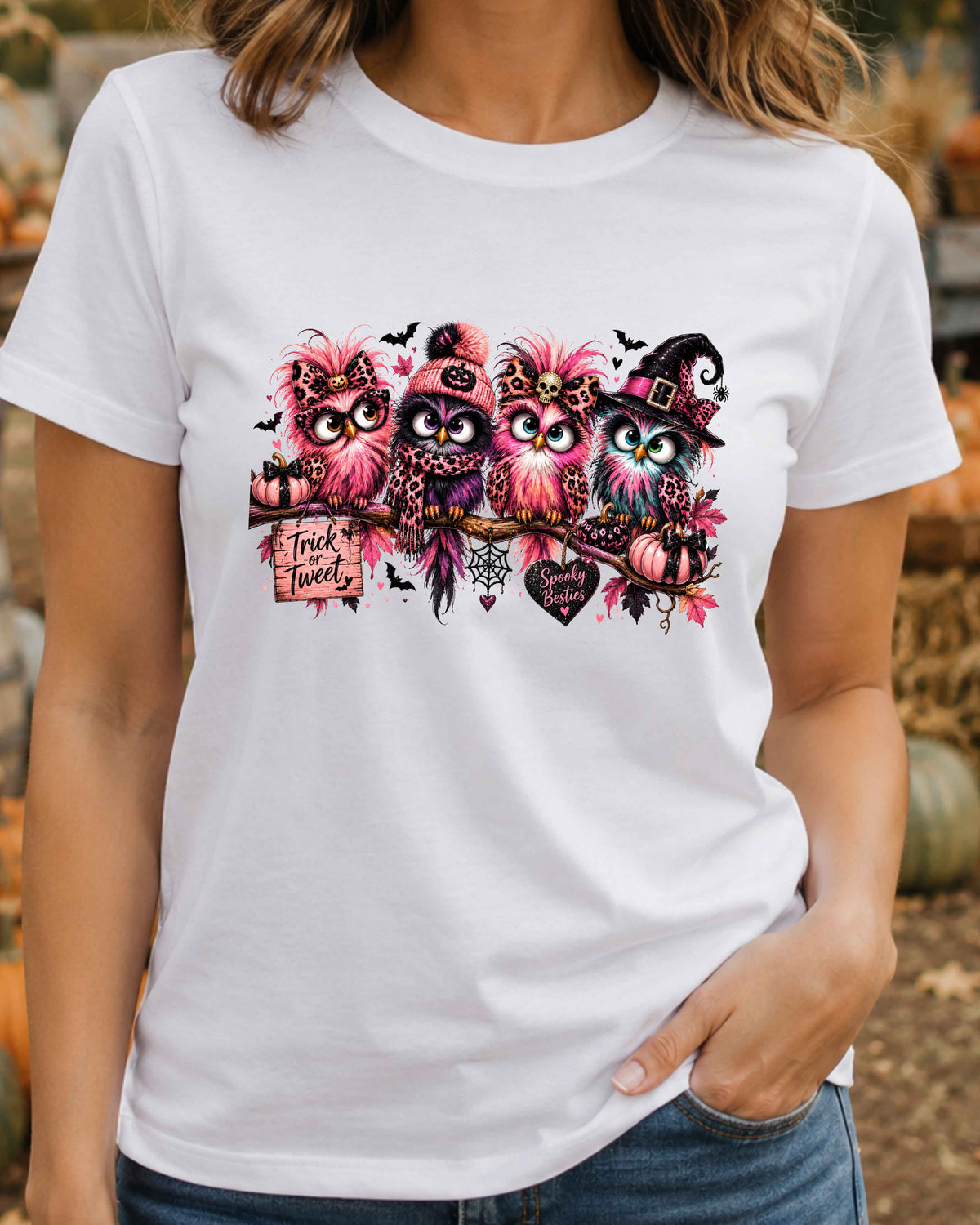Spooky Besties Halloween T-Shirt, Pink Owl Shirt, Leopard Print Halloween, Trick or Tweet Witchy T-Shirt