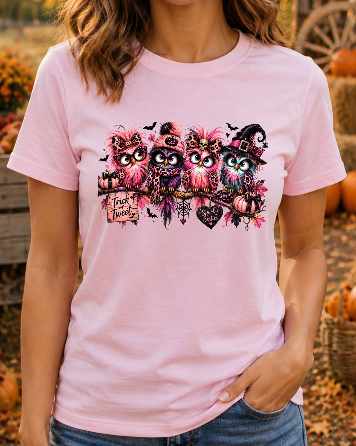 Spooky Besties Halloween T-Shirt, Pink Owl Shirt, Leopard Print Halloween, Trick or Tweet Witchy T-Shirt