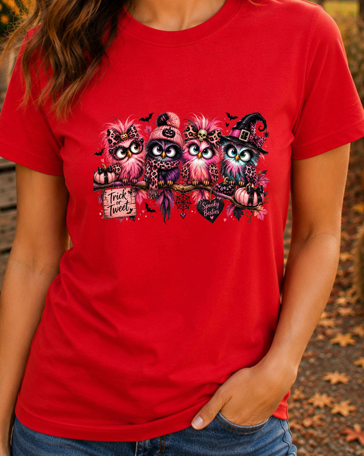 Spooky Besties Halloween T-Shirt, Pink Owl Shirt, Leopard Print Halloween, Trick or Tweet Witchy T-Shirt