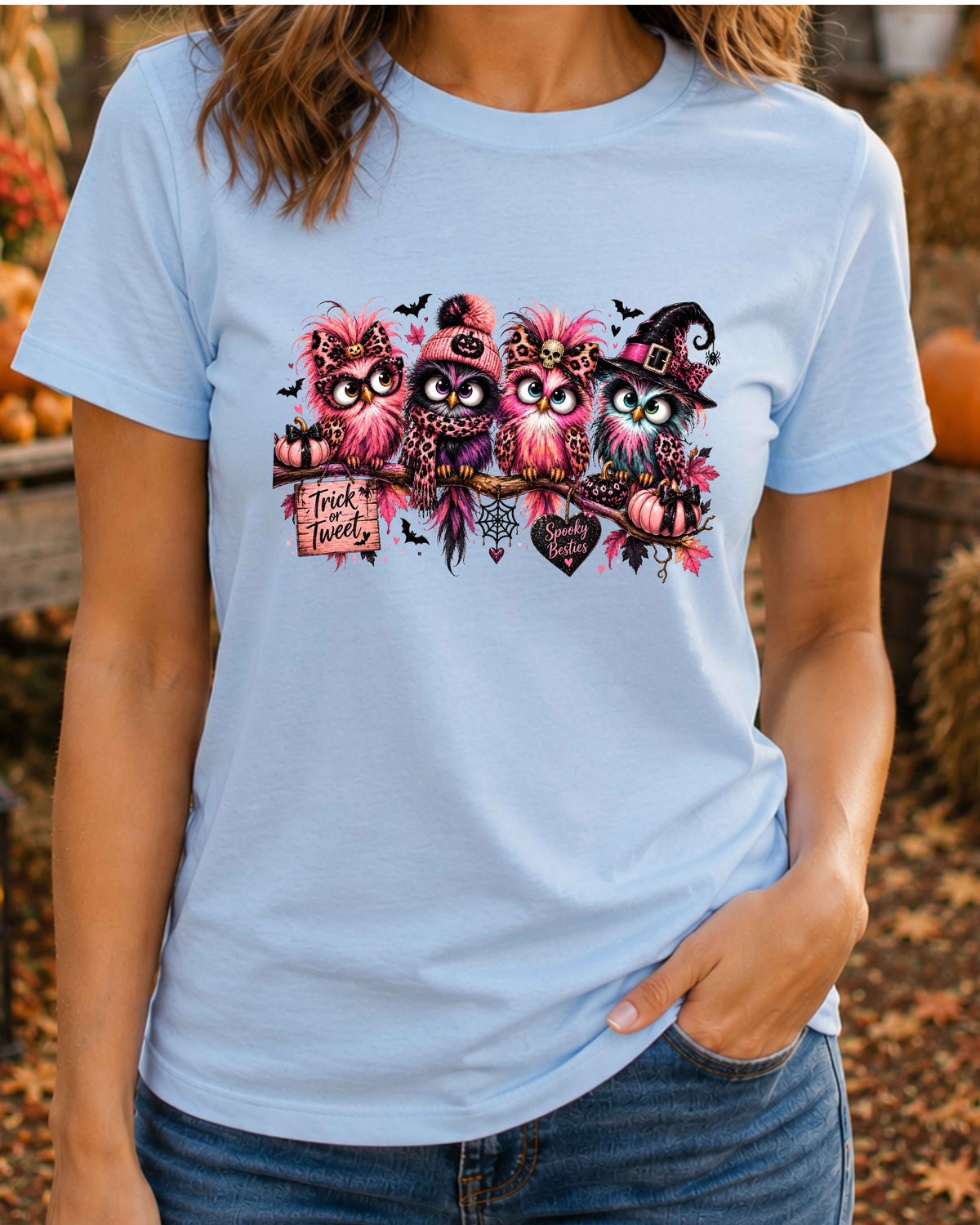 Spooky Besties Halloween T-Shirt, Pink Owl Shirt, Leopard Print Halloween, Trick or Tweet Witchy T-Shirt