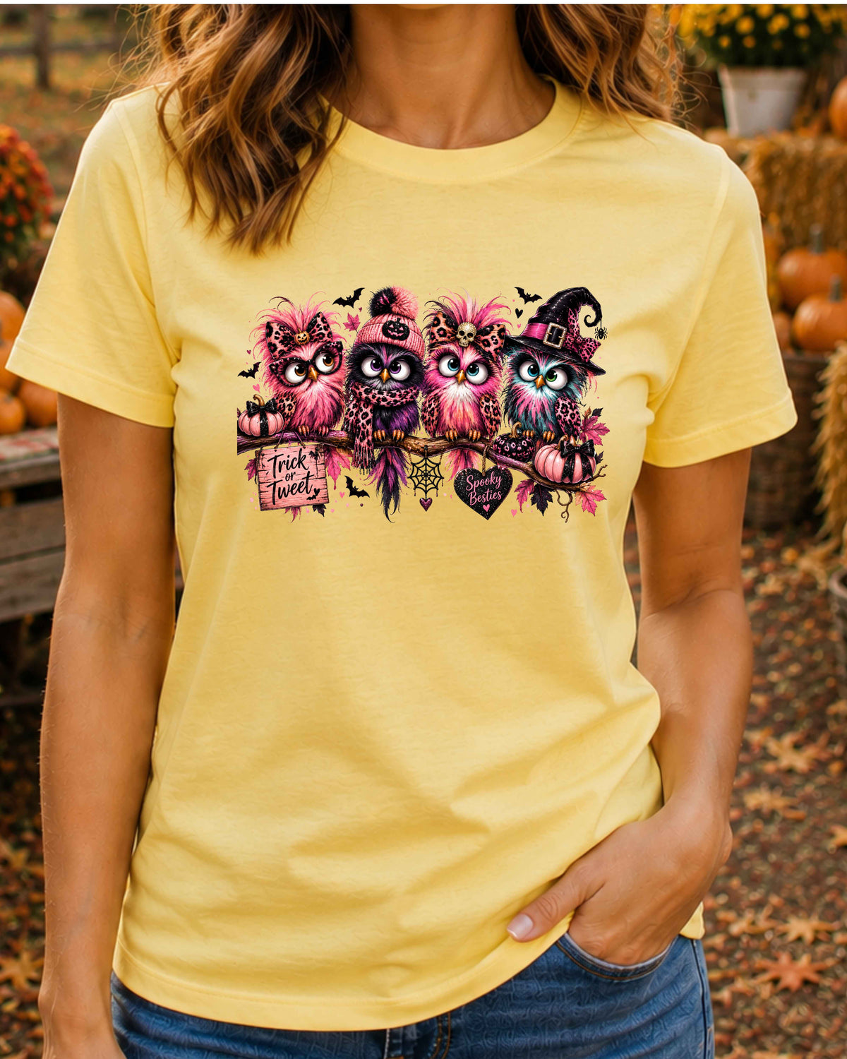 Spooky Besties Halloween T-Shirt, Pink Owl Shirt, Leopard Print Halloween, Trick or Tweet Witchy T-Shirt