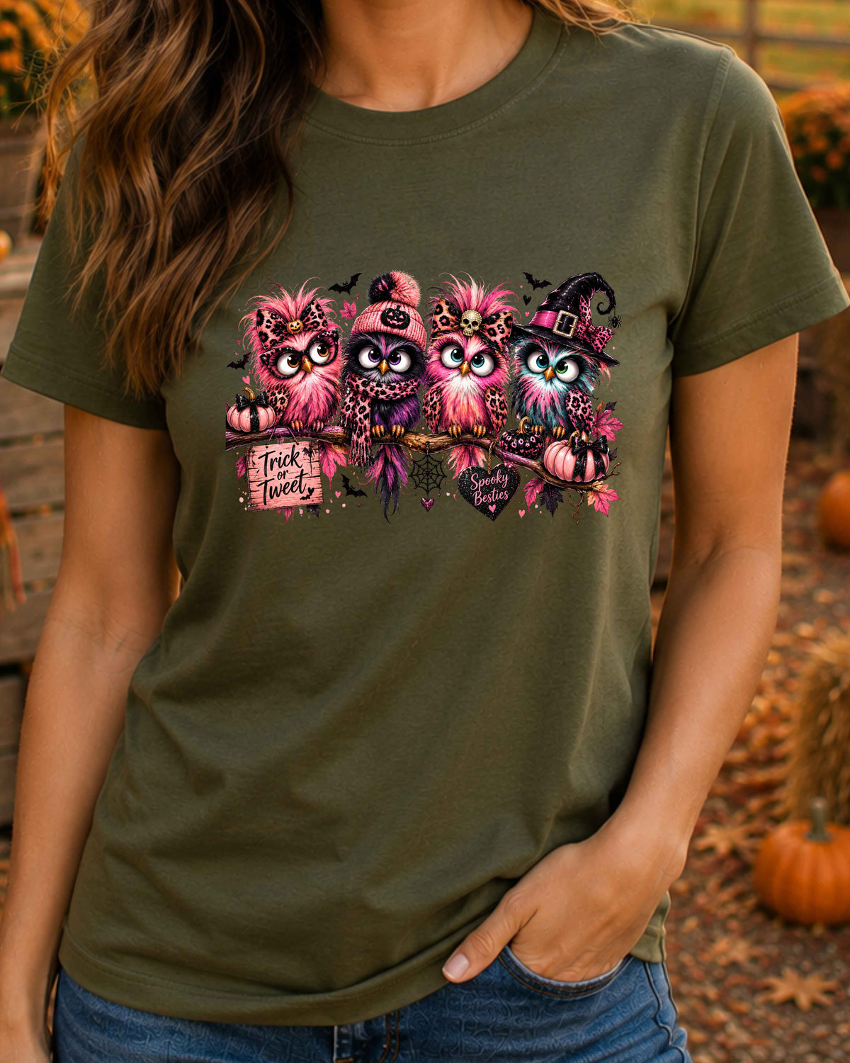Spooky Besties Halloween T-Shirt, Pink Owl Shirt, Leopard Print Halloween, Trick or Tweet Witchy T-Shirt