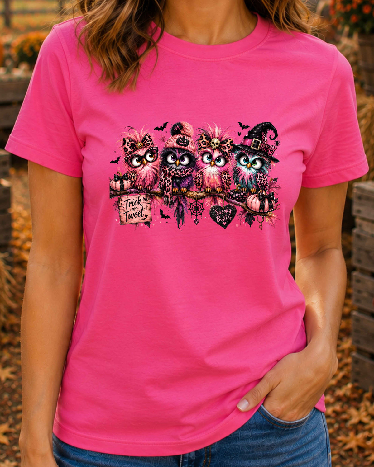Spooky Besties Halloween T-Shirt, Pink Owl Shirt, Leopard Print Halloween, Trick or Tweet Witchy T-Shirt