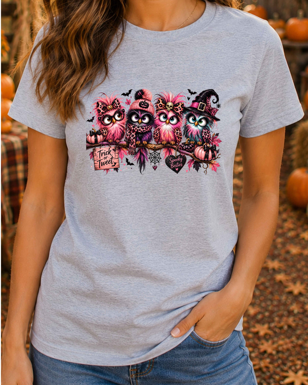 Spooky Besties Halloween T-Shirt, Pink Owl Shirt, Leopard Print Halloween, Trick or Tweet Witchy T-Shirt