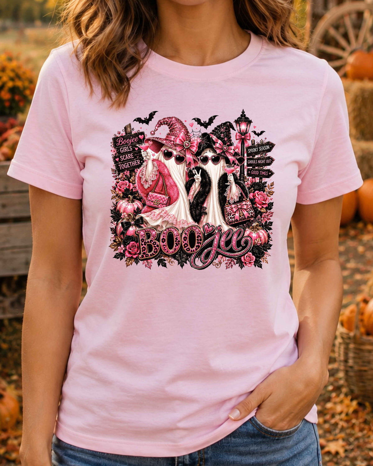 Boojee Ghost Halloween T-Shirt, Pink Spooky Season Shirt, Girls Night Halloween, Glam Ghost Besties T-Shirt