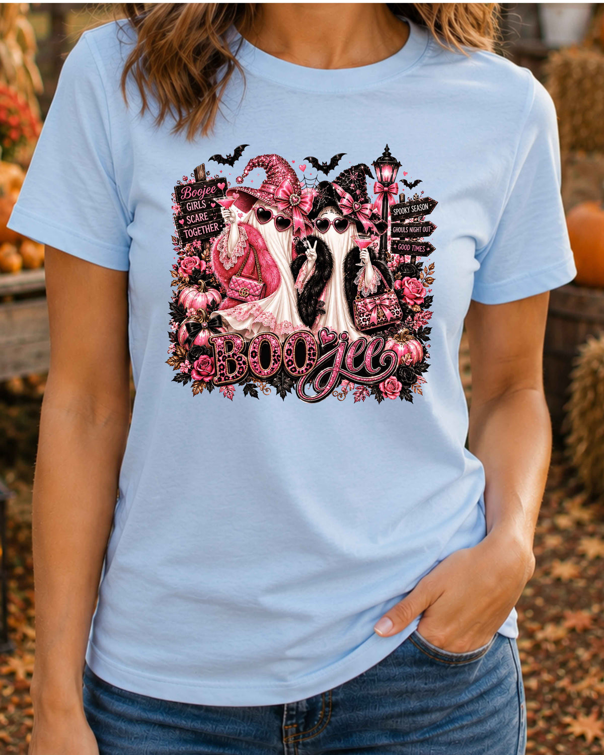 Boojee Ghost Halloween T-Shirt, Pink Spooky Season Shirt, Girls Night Halloween, Glam Ghost Besties T-Shirt