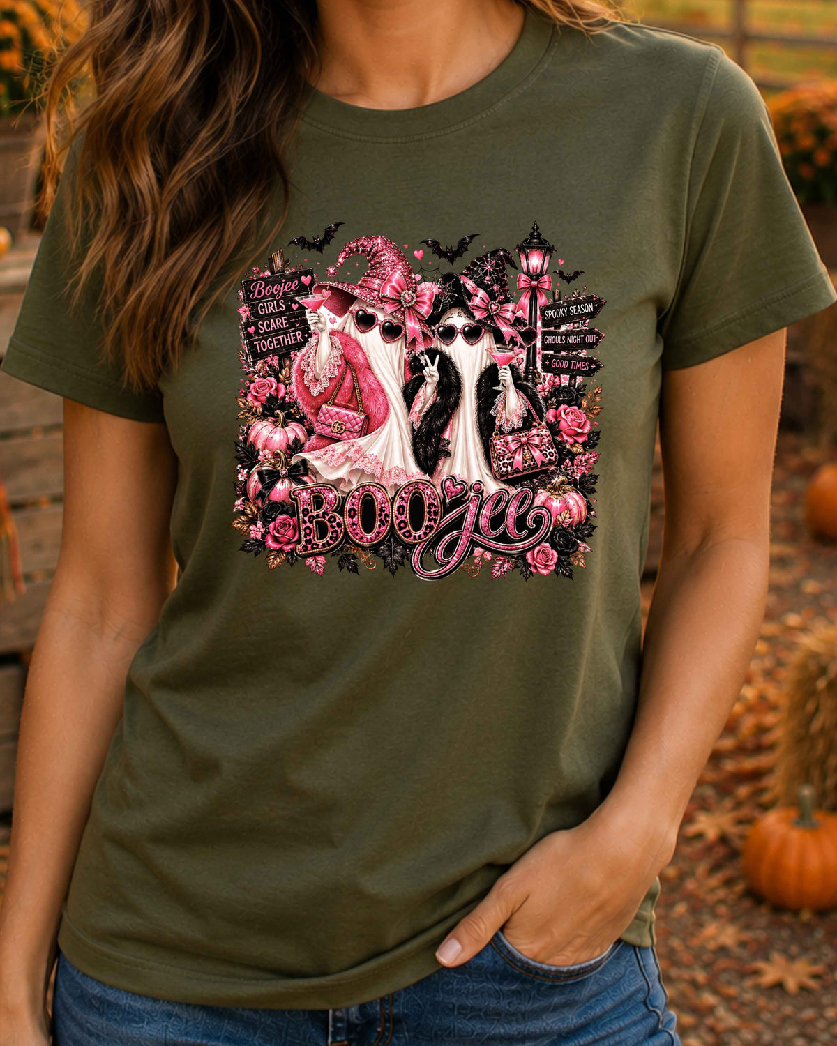 Boojee Ghost Halloween T-Shirt, Pink Spooky Season Shirt, Girls Night Halloween, Glam Ghost Besties T-Shirt