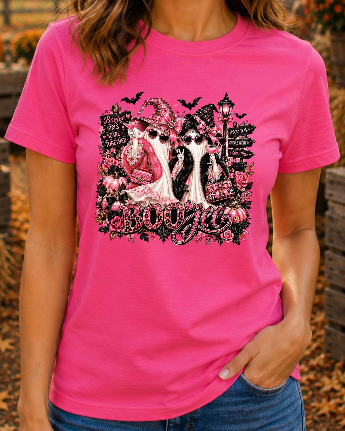 Boojee Ghost Halloween T-Shirt, Pink Spooky Season Shirt, Girls Night Halloween, Glam Ghost Besties T-Shirt