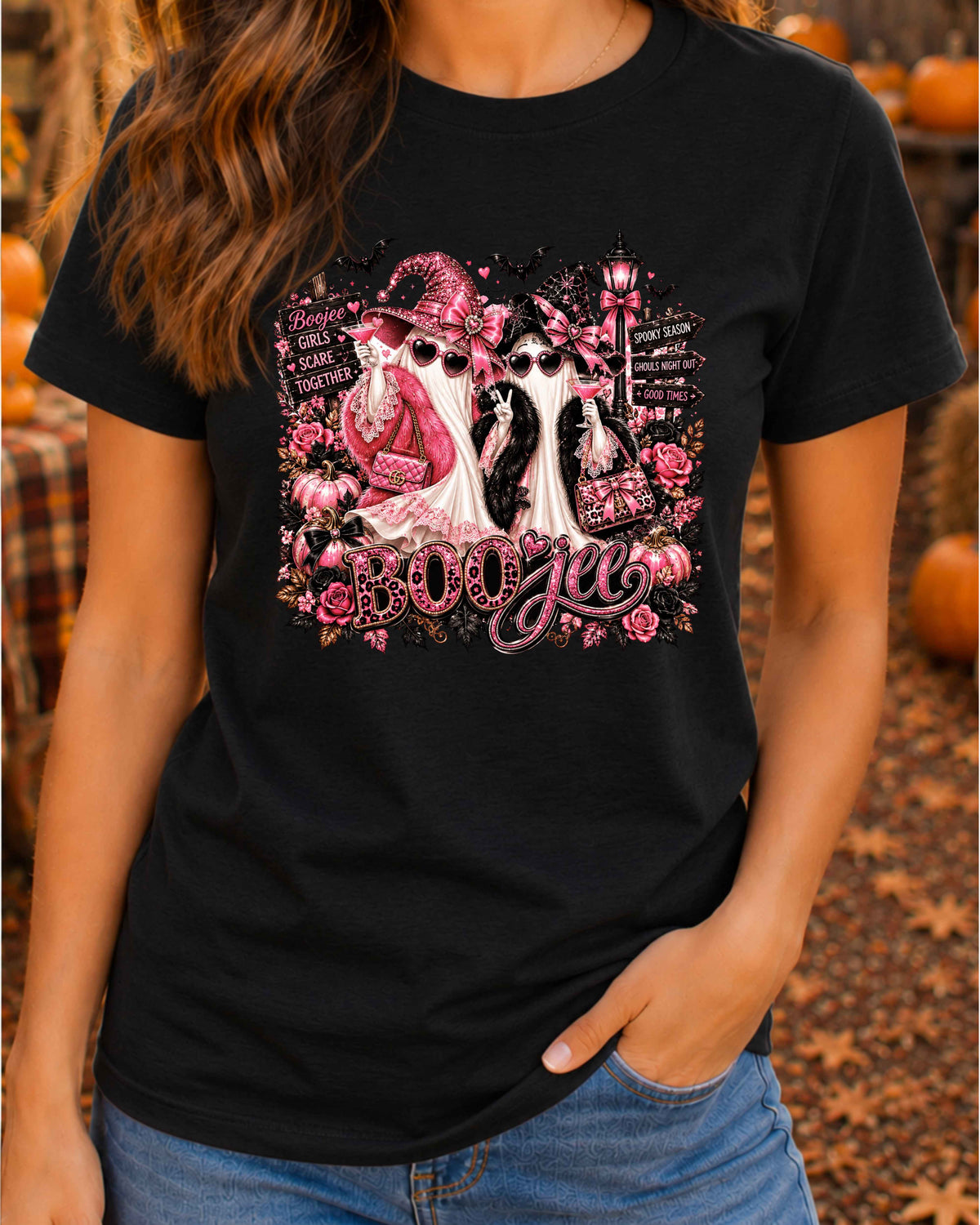 Boojee Ghost Halloween T-Shirt, Pink Spooky Season Shirt, Girls Night Halloween, Glam Ghost Besties T-Shirt