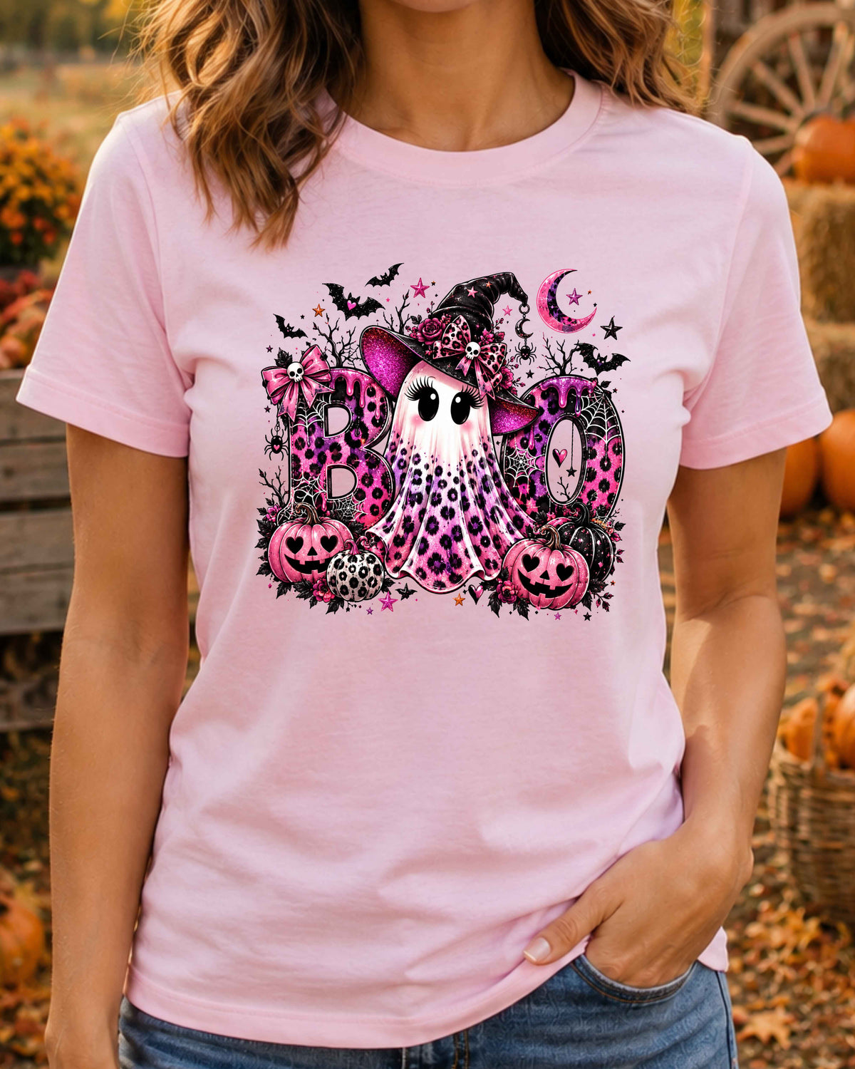 Pink Ghost Halloween Leopard Print Spooky Season T-Shirt