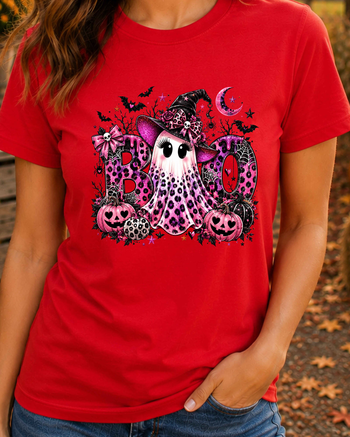 Pink Ghost Halloween Leopard Print Spooky Season T-Shirt