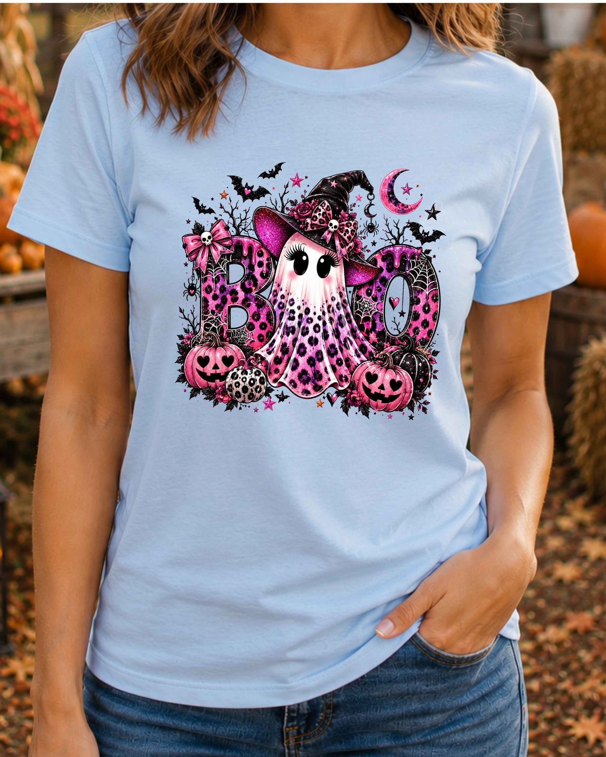Pink Ghost Halloween Leopard Print Spooky Season T-Shirt