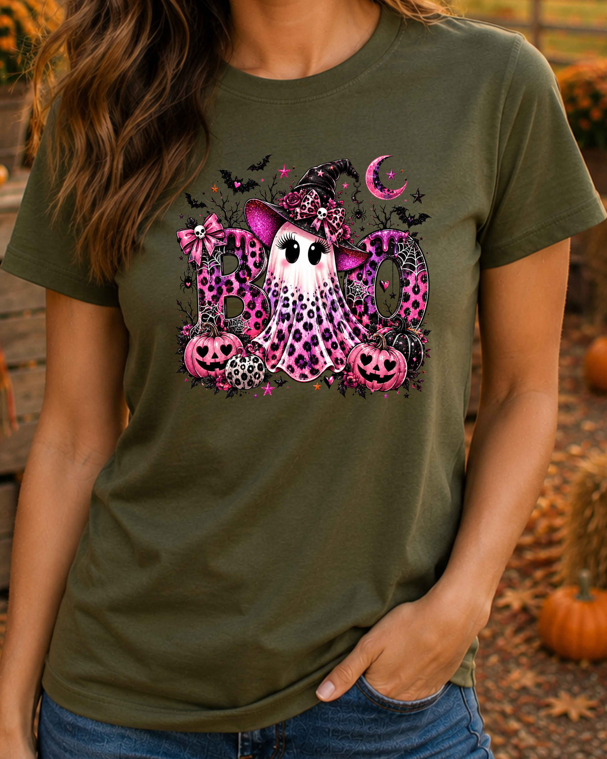 Pink Ghost Halloween Leopard Print Spooky Season T-Shirt