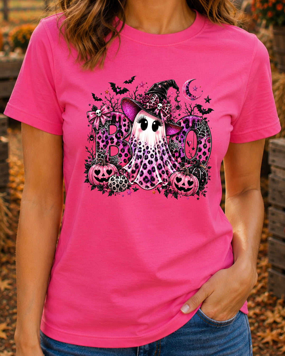 Pink Ghost Halloween Leopard Print Spooky Season T-Shirt