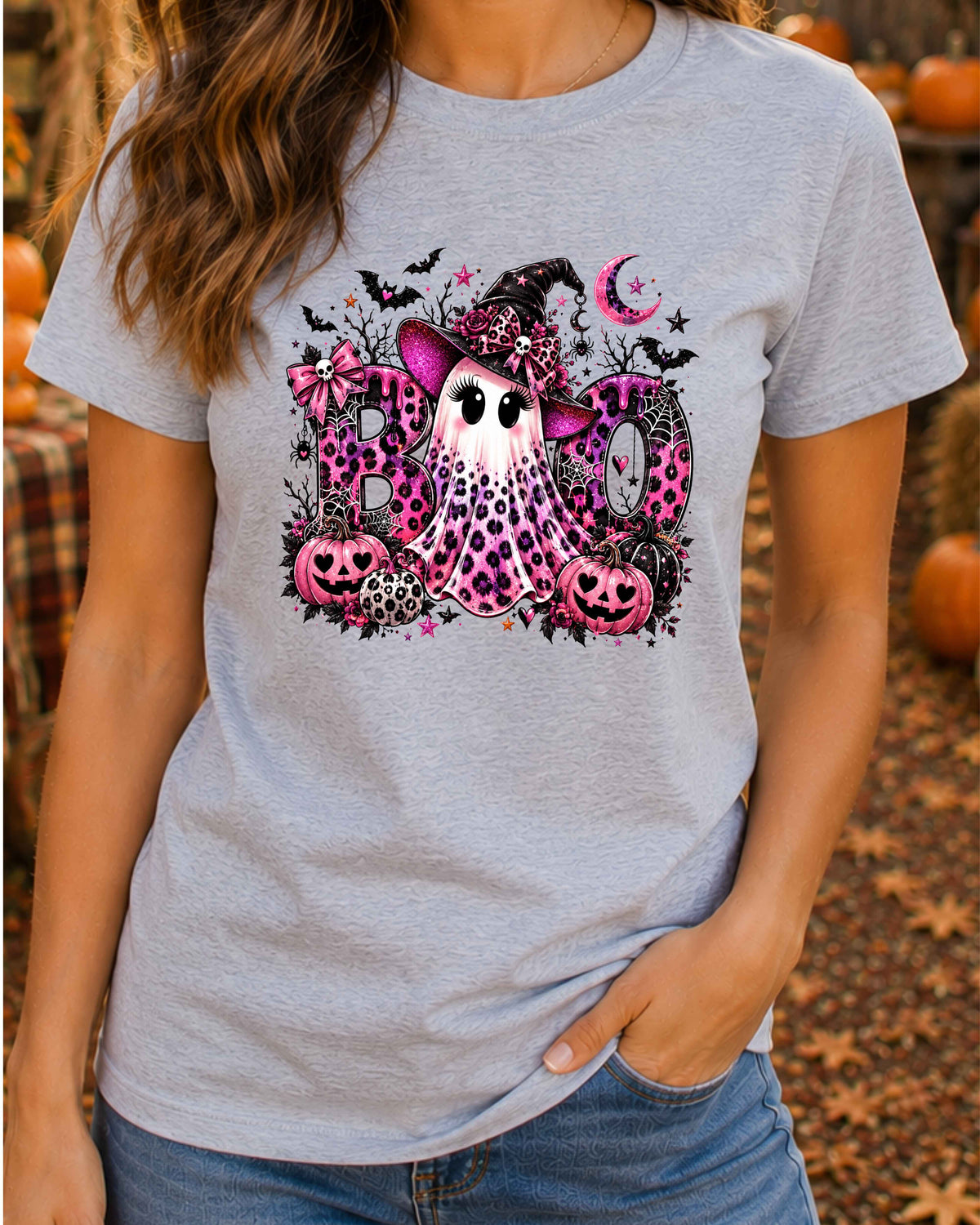 Pink Ghost Halloween Leopard Print Spooky Season T-Shirt