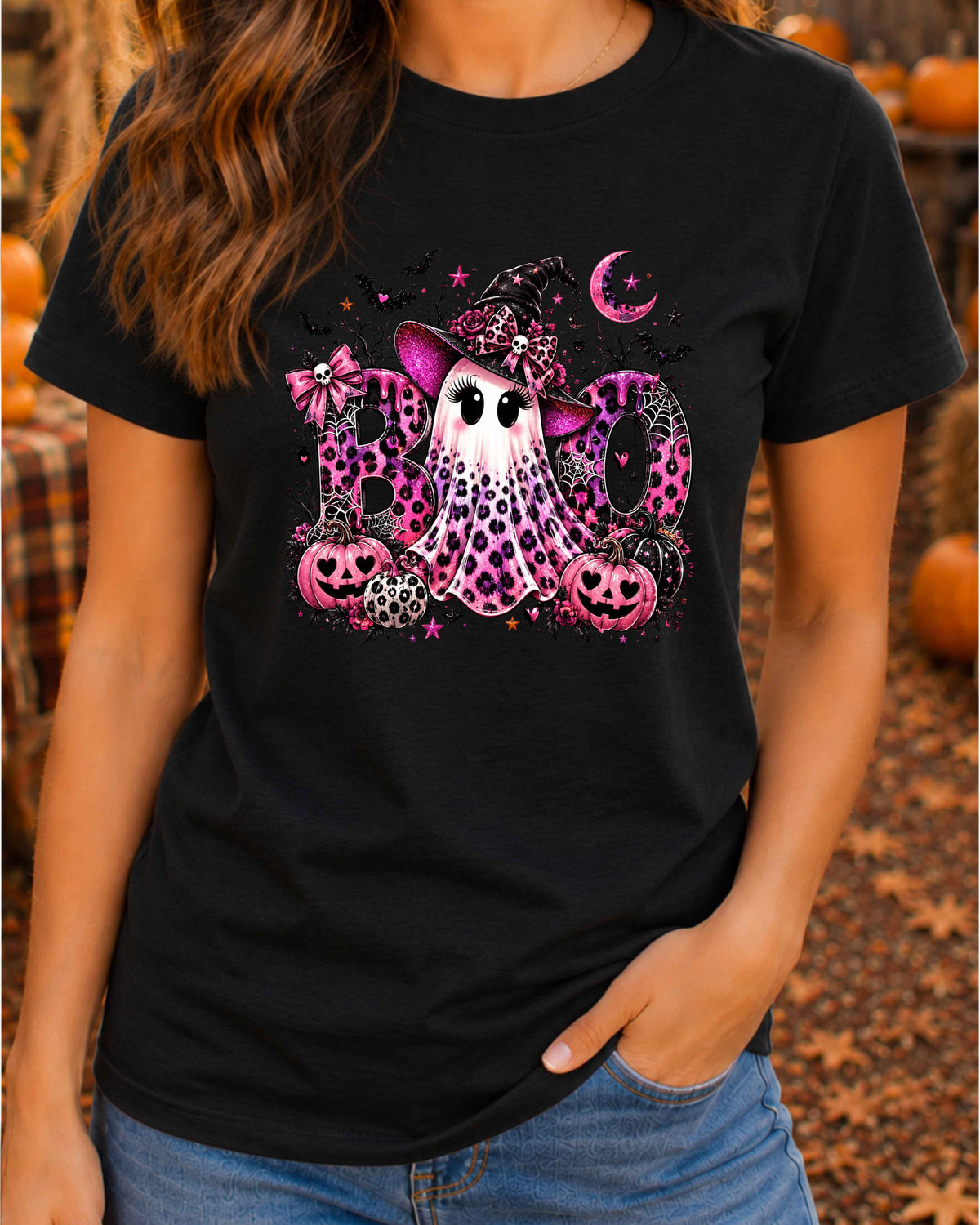 Pink Ghost Halloween Leopard Print Spooky Season T-Shirt