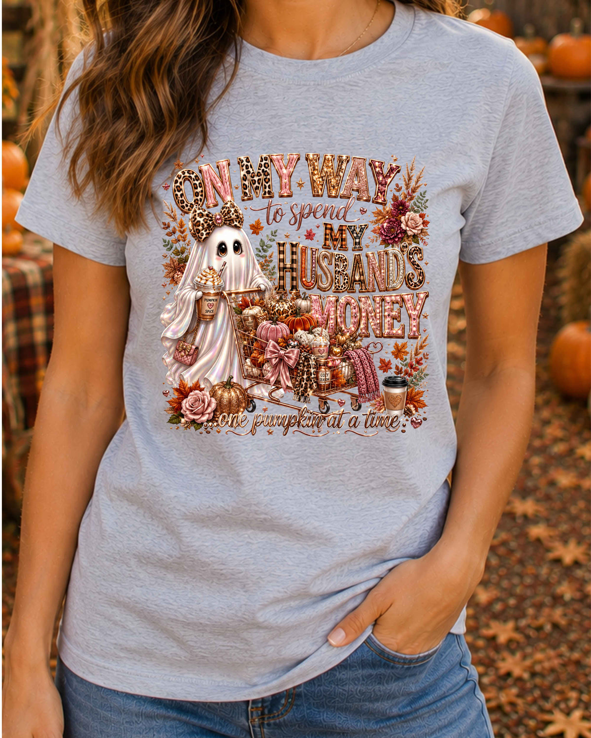 On My Way to Spend My Husband's Money Pumpkin Spice Funny Autumn Ghost T-Shirt