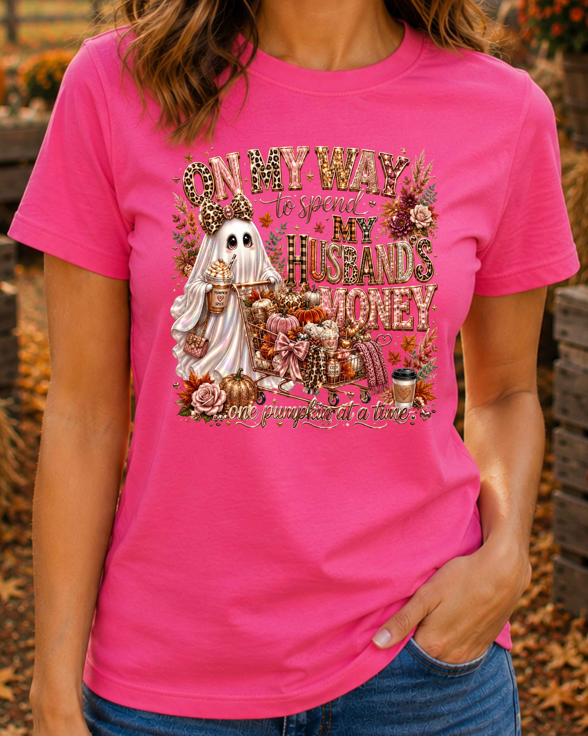 On My Way to Spend My Husband's Money Pumpkin Spice Funny Autumn Ghost T-Shirt