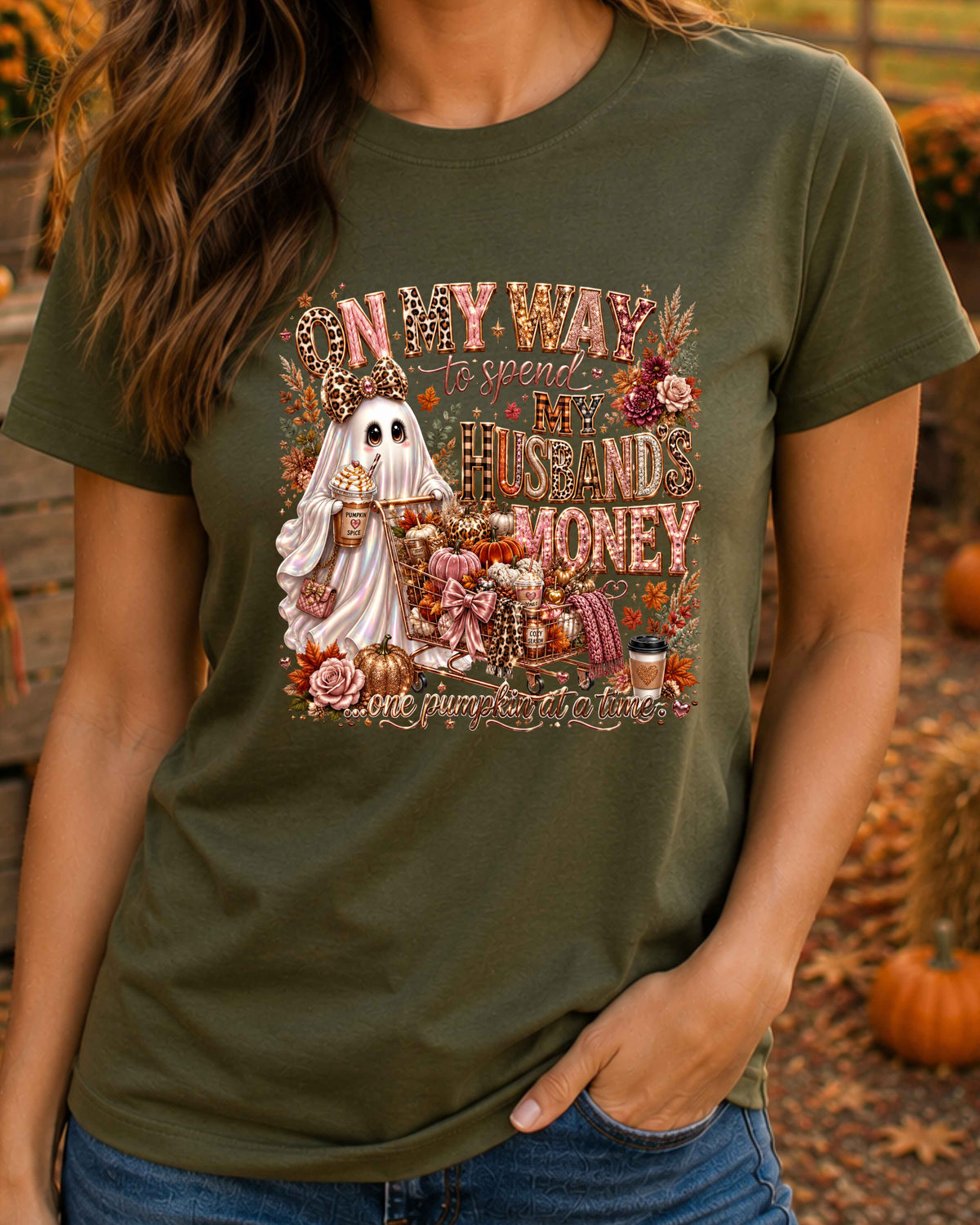 On My Way to Spend My Husband's Money Pumpkin Spice Funny Autumn Ghost T-Shirt