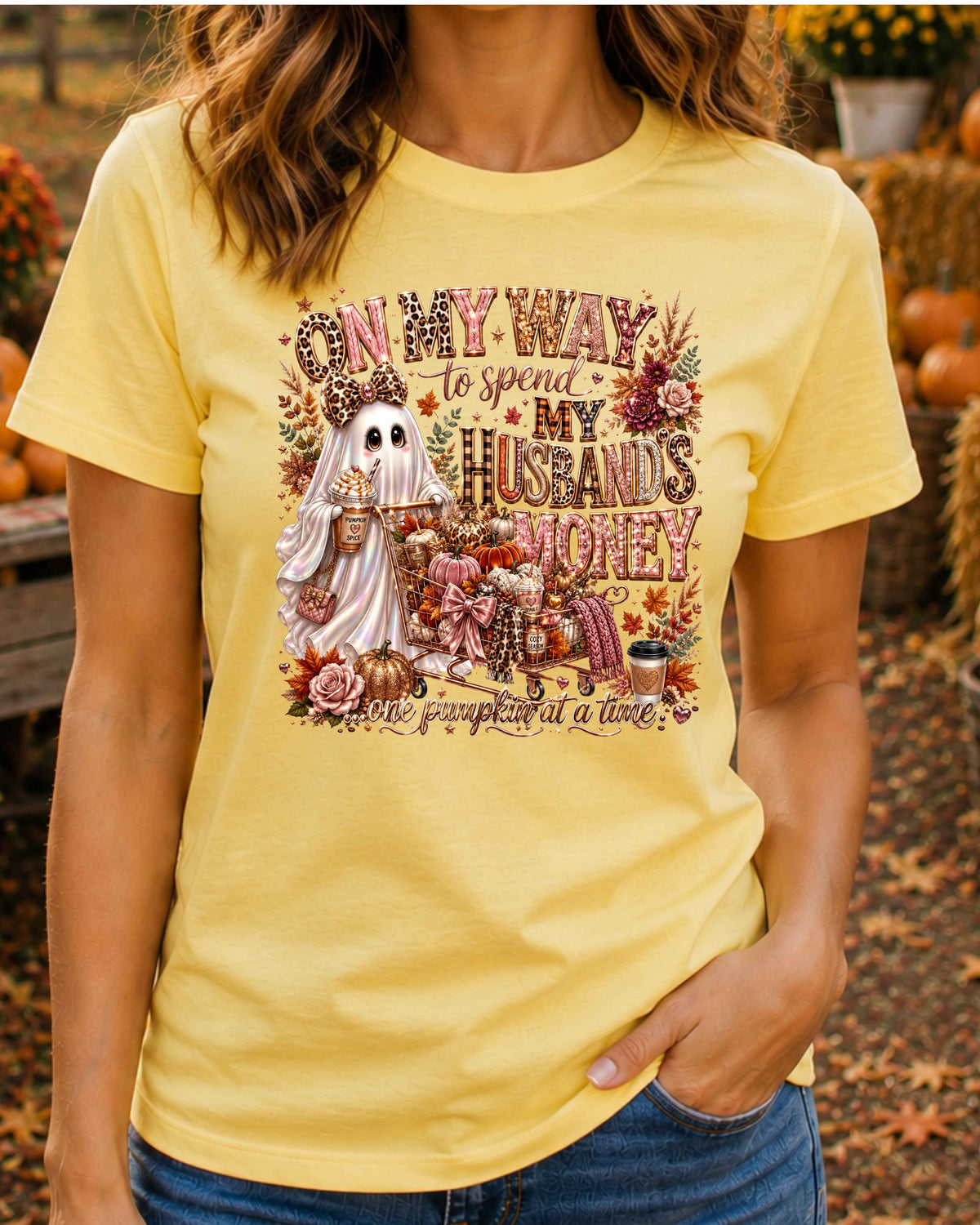 On My Way to Spend My Husband's Money Pumpkin Spice Funny Autumn Ghost T-Shirt
