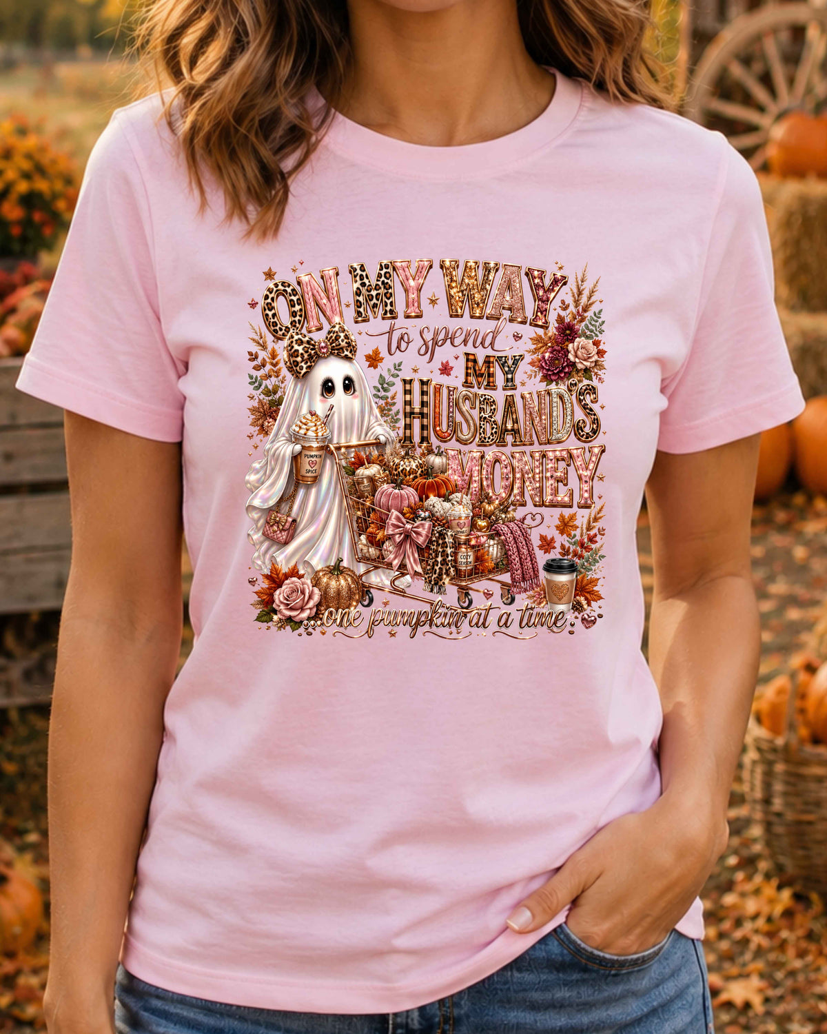 On My Way to Spend My Husband's Money Pumpkin Spice Funny Autumn Ghost T-Shirt