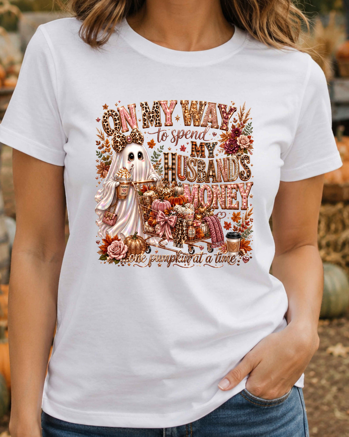 On My Way to Spend My Husband's Money Pumpkin Spice Funny Autumn Ghost T-Shirt