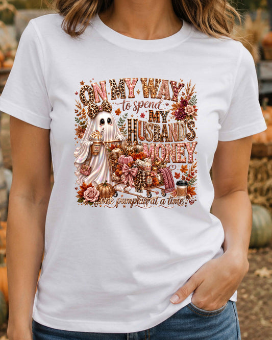 On My Way to Spend My Husband's Money Pumpkin Spice Funny Autumn Ghost T-Shirt