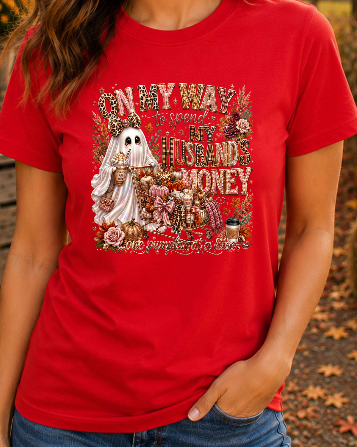 On My Way to Spend My Husband's Money Pumpkin Spice Funny Autumn Ghost T-Shirt
