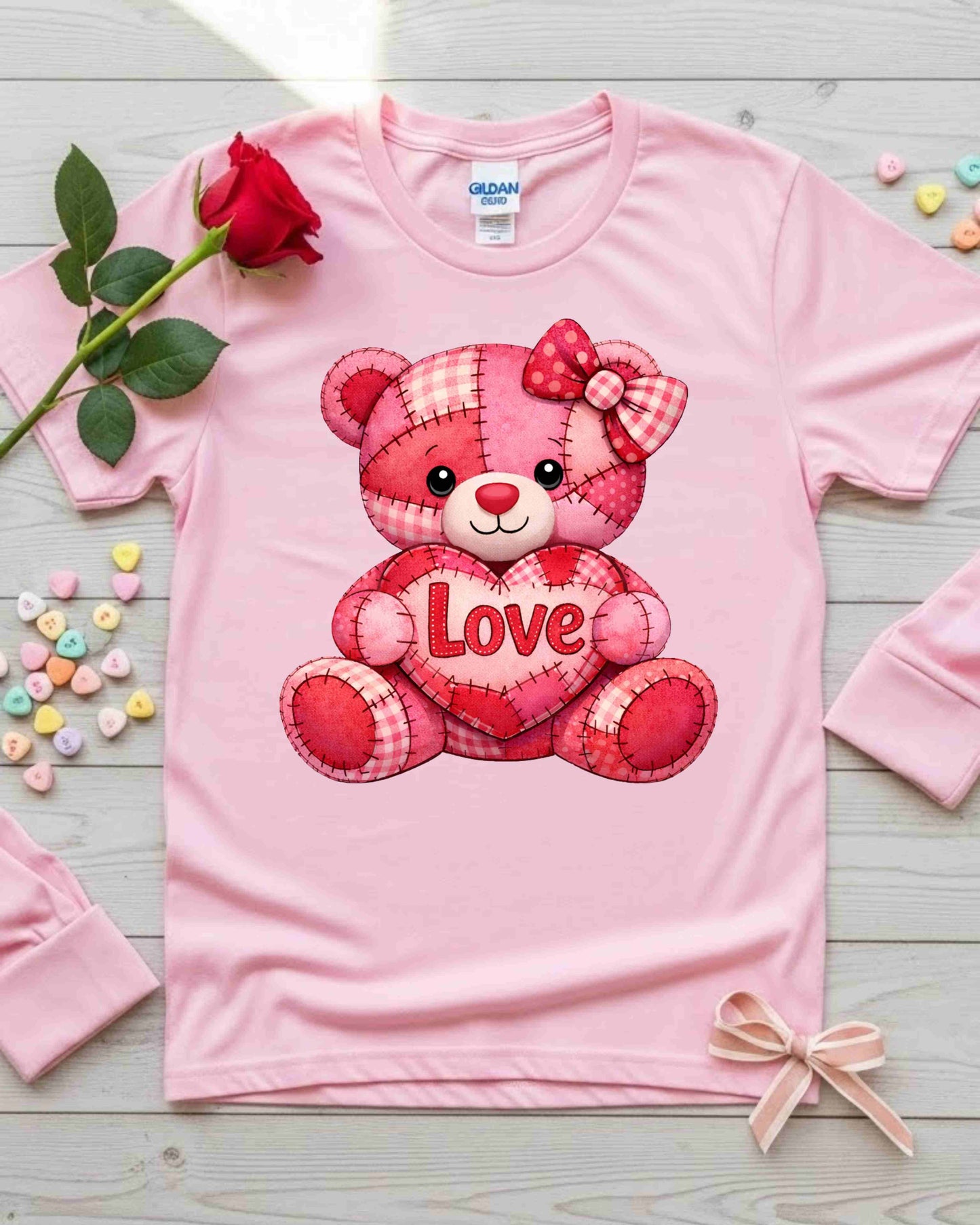 Cute Patchwork Teddy Bear Valentine Shirt – Pink & Red Love Bear Tee for Women & Teens – Kawaii Heart Plush Graphic, Sweet Romantic Aesthetic Top