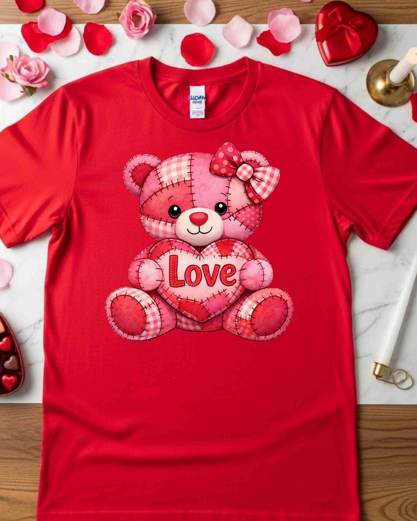 Cute Patchwork Teddy Bear Valentine Shirt – Pink & Red Love Bear Tee for Women & Teens – Kawaii Heart Plush Graphic, Sweet Romantic Aesthetic Top