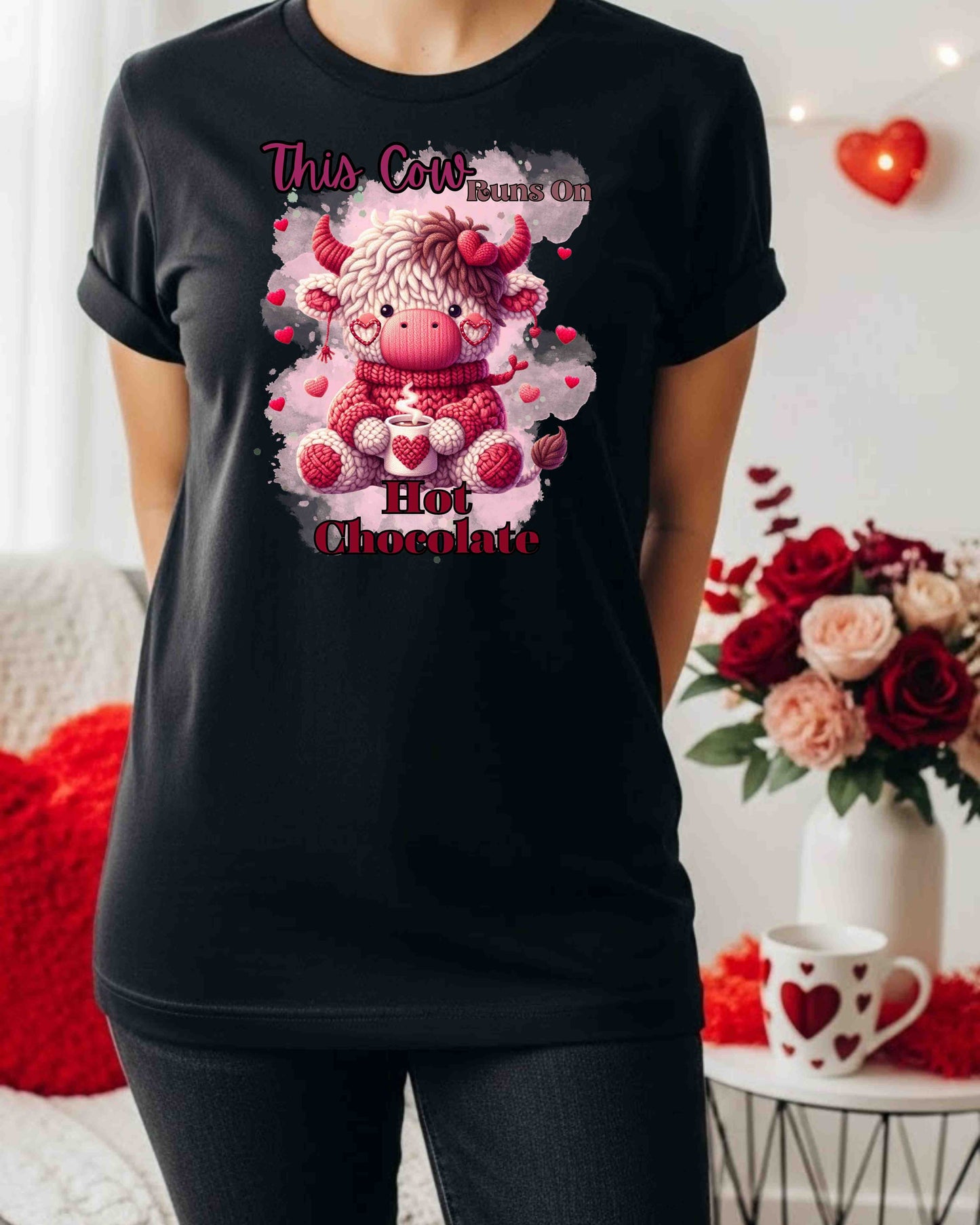 This Cow Runs On Hot Chocolate Shirt – Cute Cozy Winter Cow Tee for Women & Teens – Kawaii Hot Cocoa Graphic, Valentine & Cold‑Weather Aesthetic Top