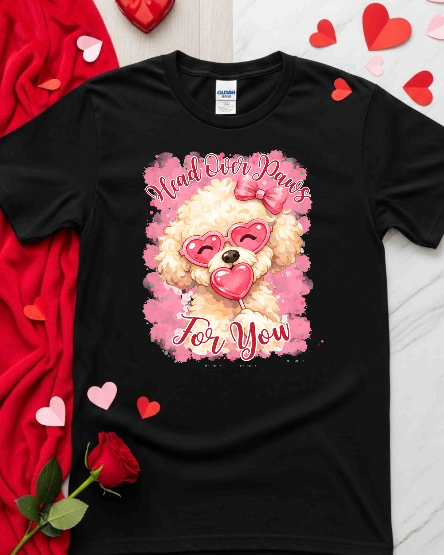 Head Over Paws For You Shirt – Cute Dog Valentine Tee for Women & Teens – Fluffy Pup with Heart Sunglasses Graphic, Romantic Pet Lover T‑Shirt