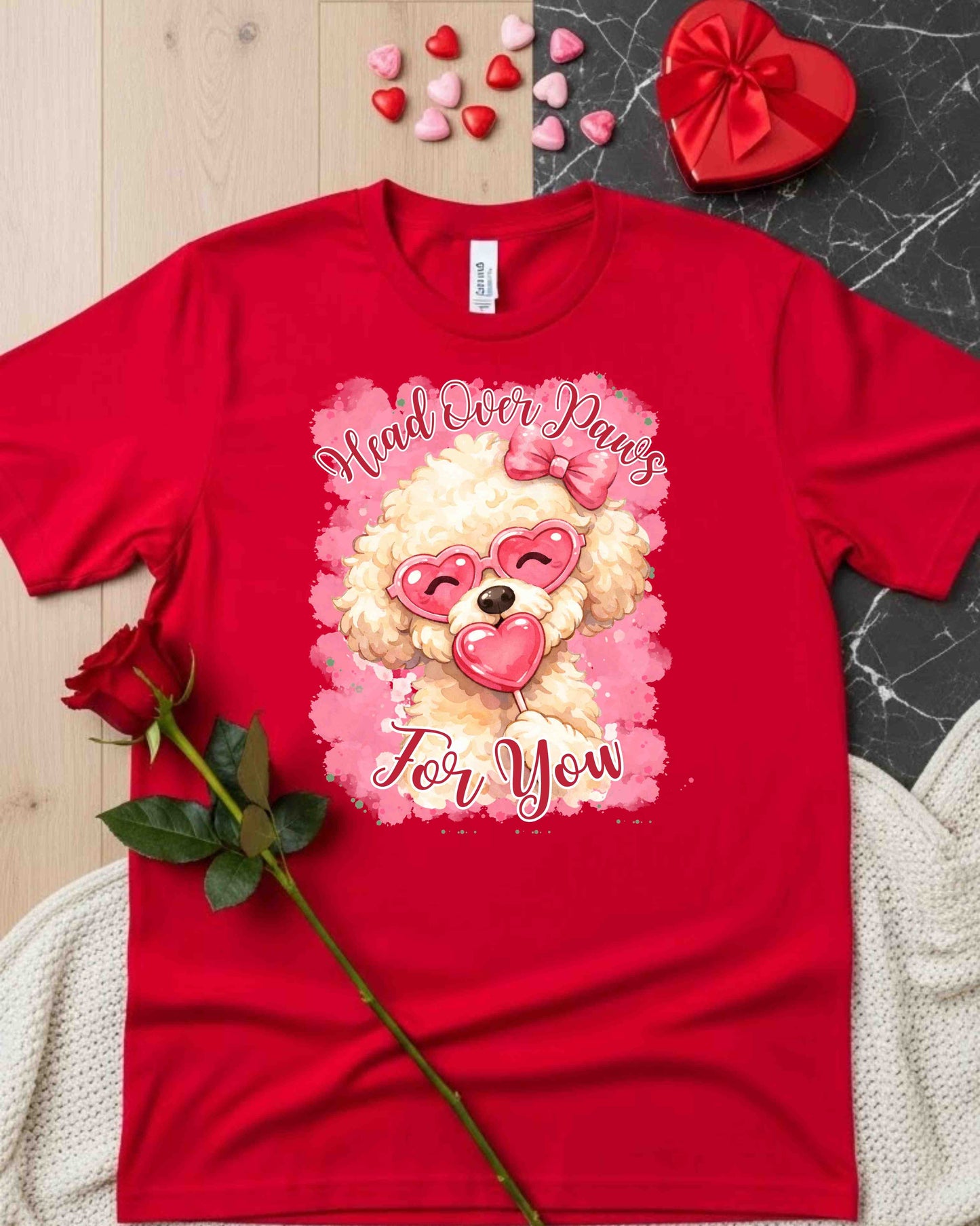 Head Over Paws For You Shirt – Cute Dog Valentine Tee for Women & Teens – Fluffy Pup with Heart Sunglasses Graphic, Romantic Pet Lover T‑Shirt