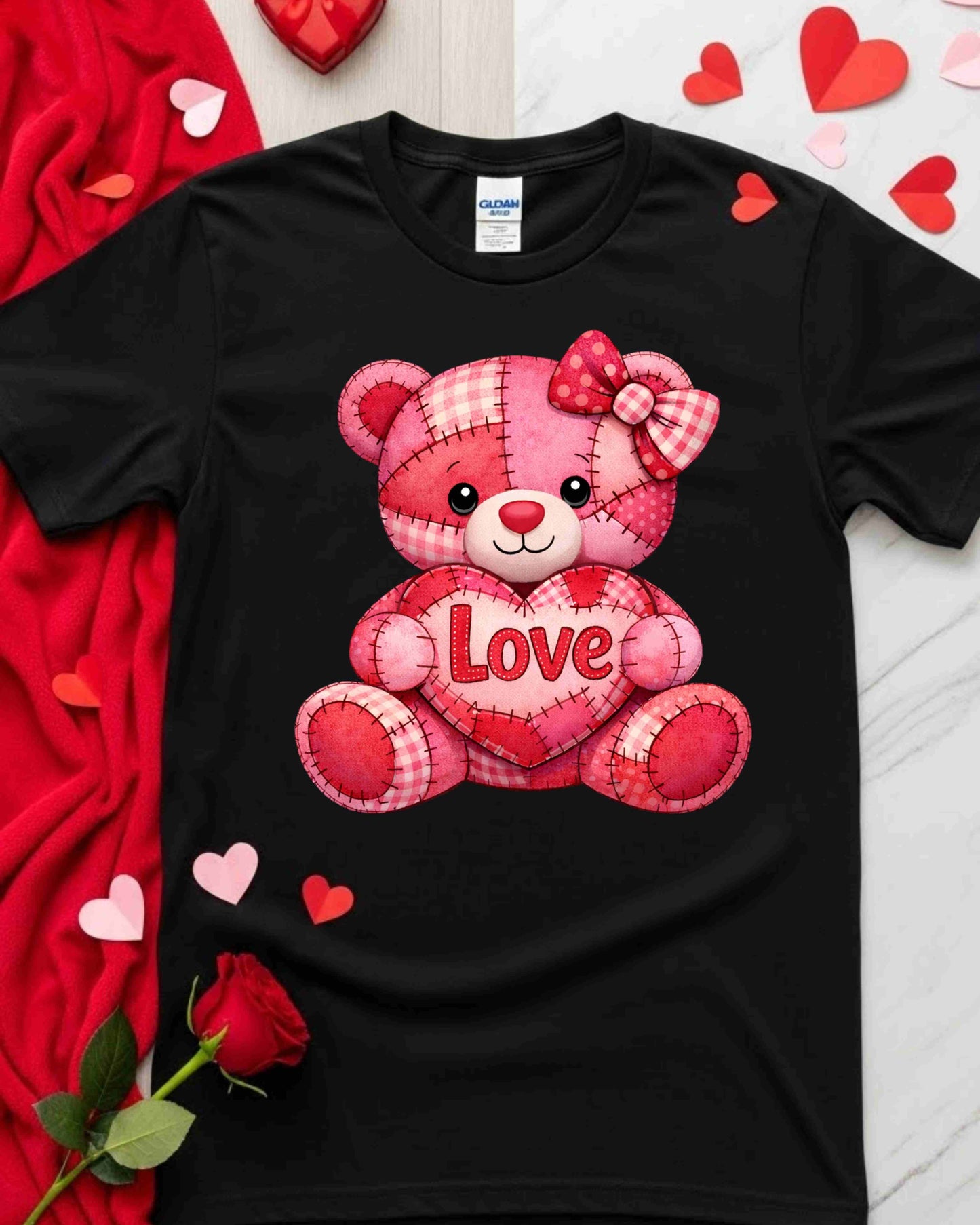 Cute Patchwork Teddy Bear Valentine Shirt – Pink & Red Love Bear Tee for Women & Teens – Kawaii Heart Plush Graphic, Sweet Romantic Aesthetic Top