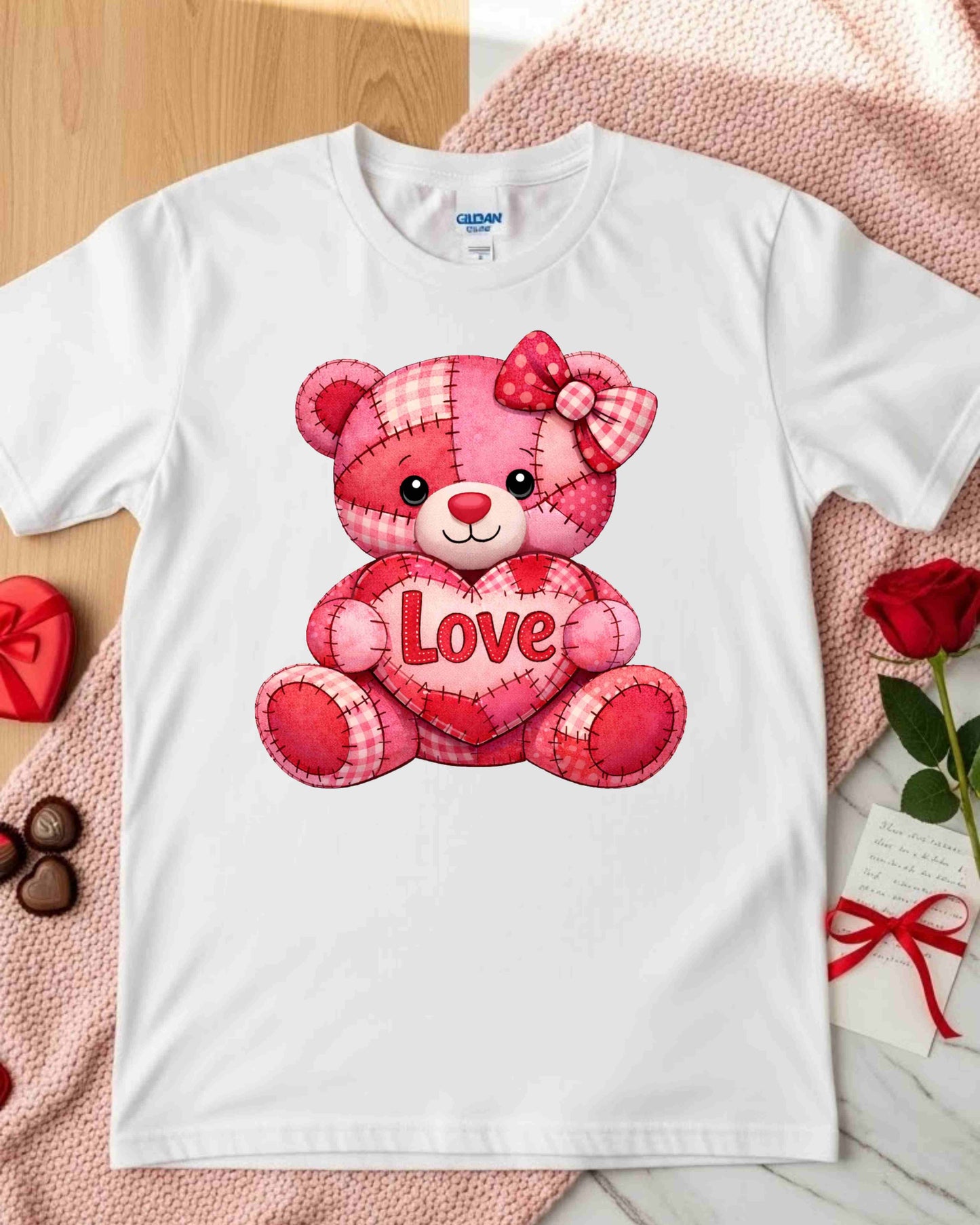 Cute Patchwork Teddy Bear Valentine Shirt – Pink & Red Love Bear Tee for Women & Teens – Kawaii Heart Plush Graphic, Sweet Romantic Aesthetic Top