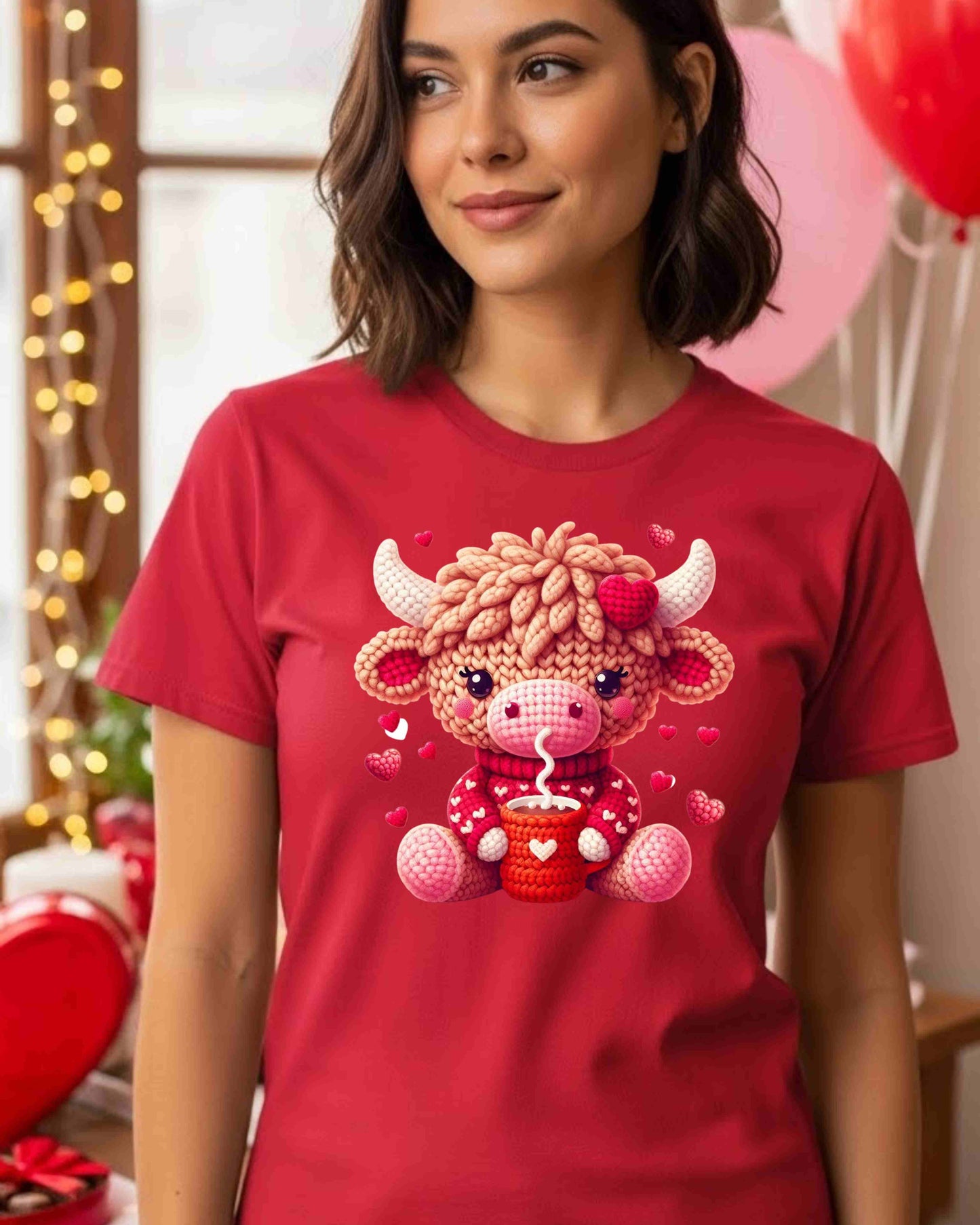 Cute Bull Valentine Shirt – Cozy Knitted‑Style Cow with Hot Drink Tee for Women & Teens – Kawaii Animal Love Graphic, Winter & Valentine Aesthetic Top
