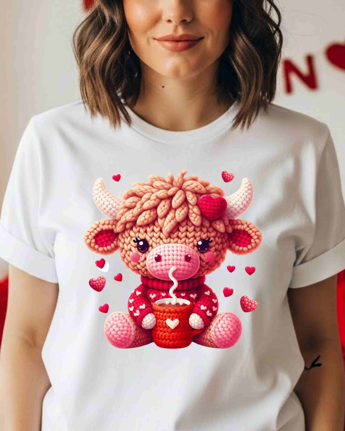 Cute Bull Valentine Shirt – Cozy Knitted‑Style Cow with Hot Drink Tee for Women & Teens – Kawaii Animal Love Graphic, Winter & Valentine Aesthetic Top