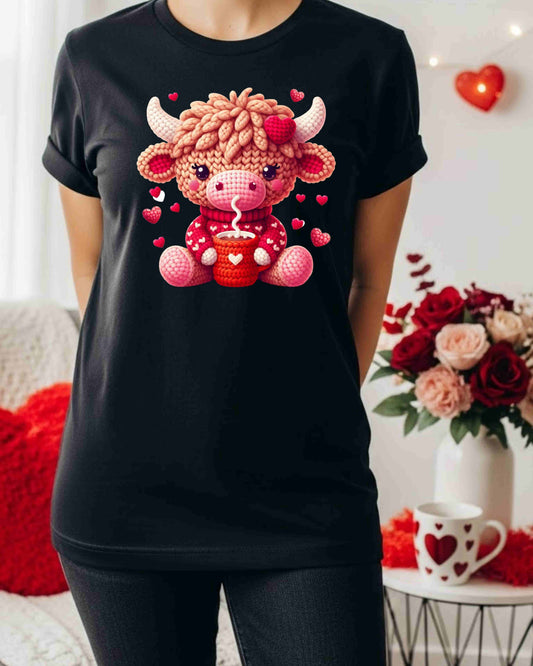 Cute Bull Valentine Shirt – Cozy Knitted‑Style Cow with Hot Drink Tee for Women & Teens – Kawaii Animal Love Graphic, Winter & Valentine Aesthetic Top