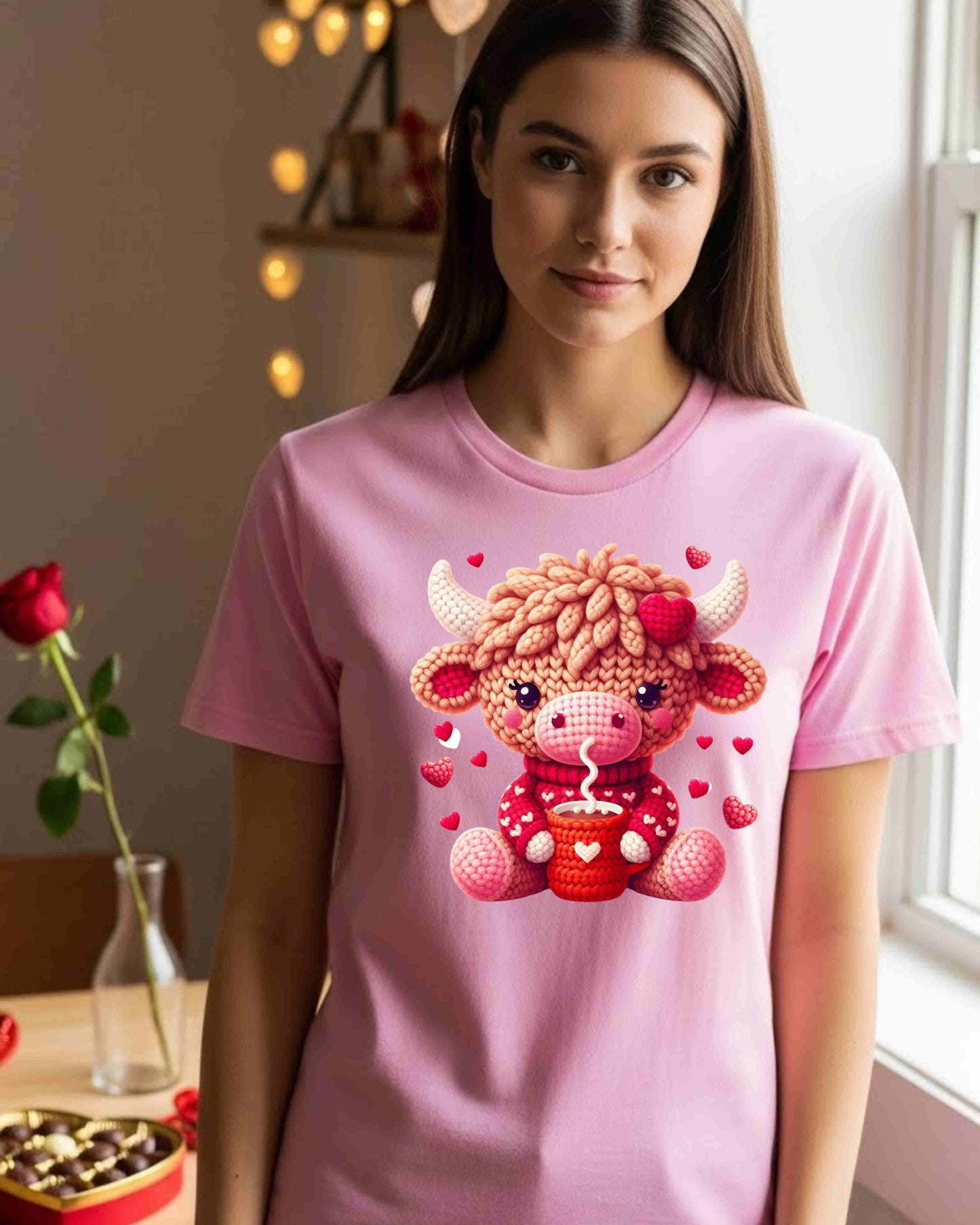 Cute Bull Valentine Shirt – Cozy Knitted‑Style Cow with Hot Drink Tee for Women & Teens – Kawaii Animal Love Graphic, Winter & Valentine Aesthetic Top