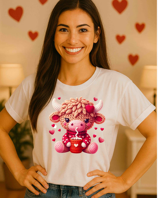 Cute Crocheted Bull Valentine Shirt – Kawaii Pink & Red Cow with Hot Drink Tee for Women & Teens – Cozy Love Graphic, Sweet Winter & Valentine Aesthetic Top